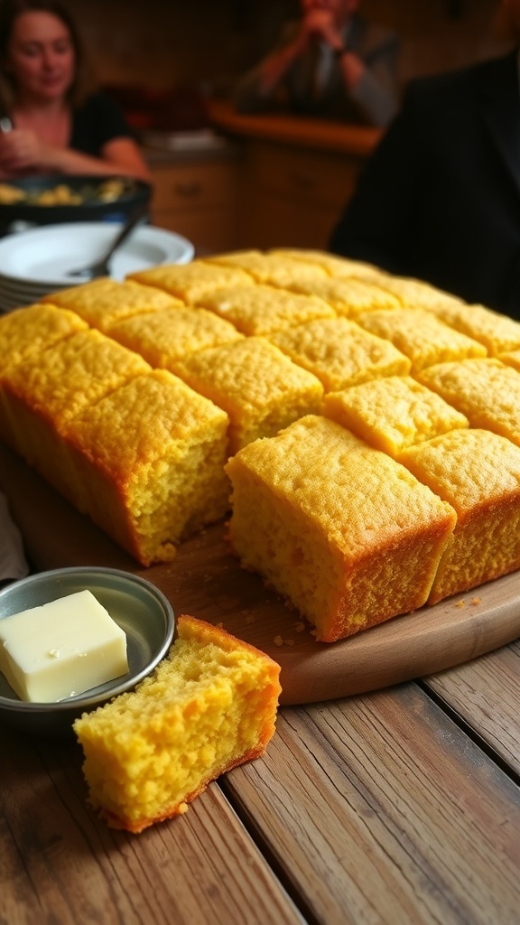 Golden-yellow cornbread squares on a wooden table with butter.